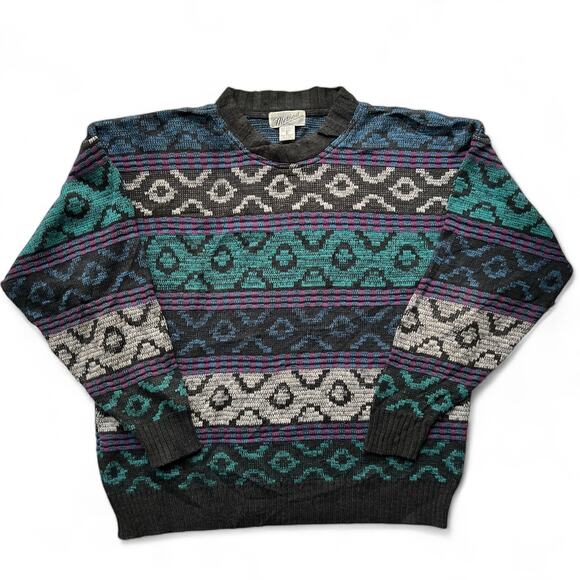Vintage 90s Geometric Funky Pattern Stripe Gray Teal Blue